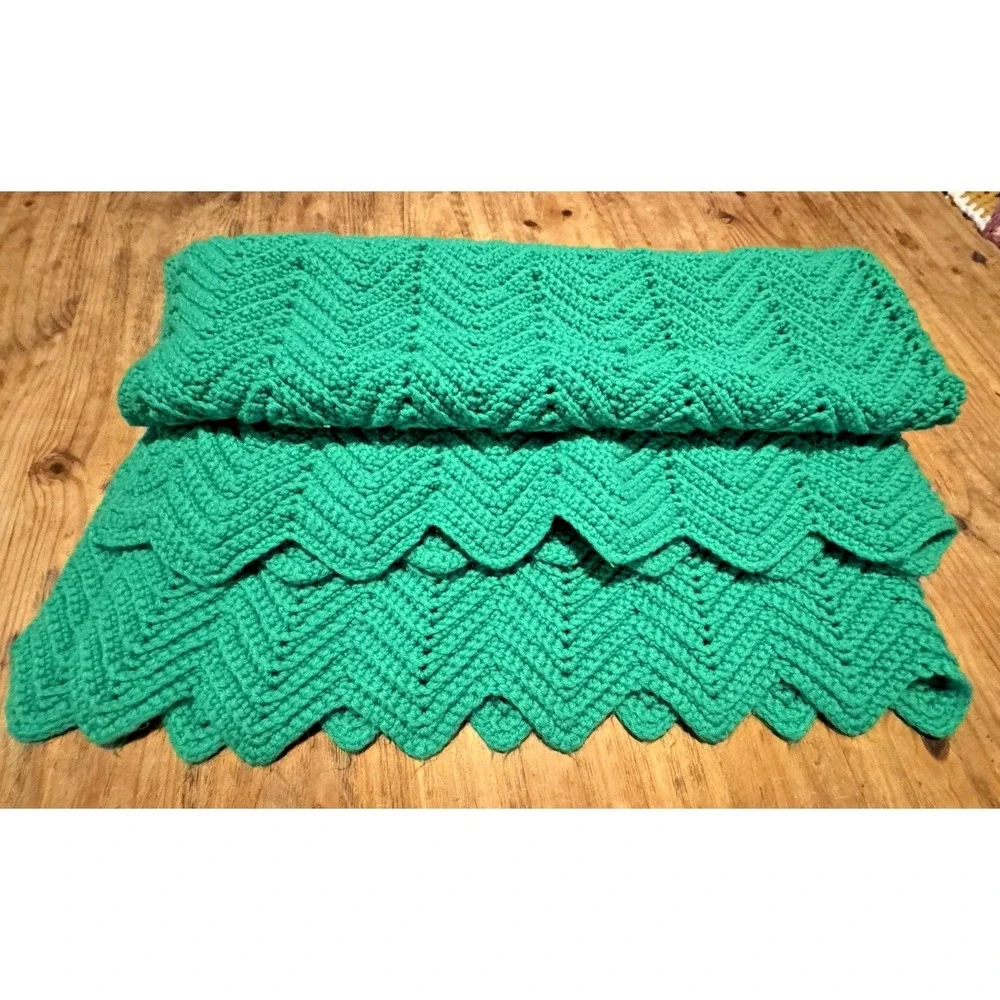 Handmade Crochet Afghan Blanket Green Chevron Ripple Throw 46x44 Soft Cozy Knit